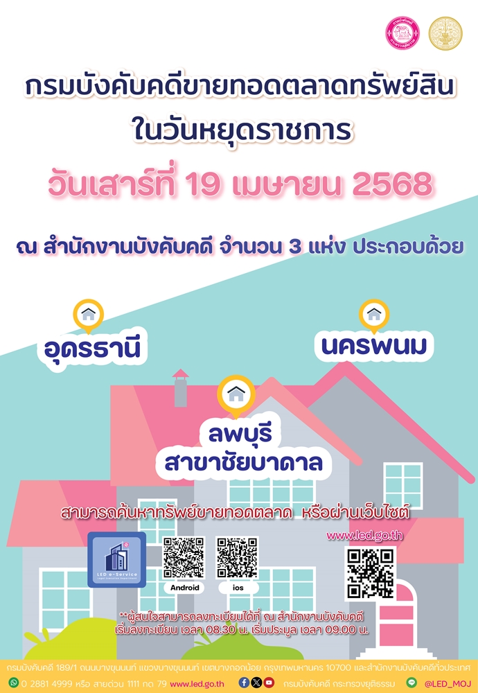 ﻿กรมบังคับคดี ขายทอดตลาดทรัพย์สิน ในวันเสาร์ที่ 19 เมษายน 2568